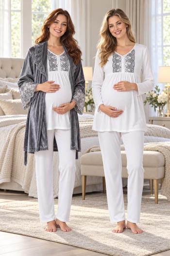 Effortt 8088 Gri Kadife Sabahlıklı Lohusa Pijama Takımı